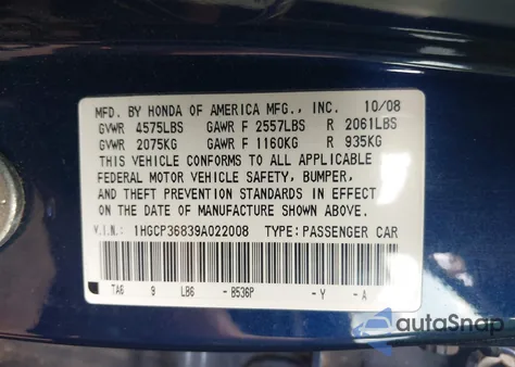 2009 Honda Accord 3.5 Ex-L from USA, damaged, VIN 1HGCP36839A022008